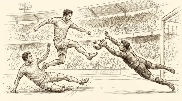 Ilustración a lápiz y tinta de un partido de fútbol: un delantero golpea el balón hacia la portería mientras el portero se lanza y un defensor intenta bloquear el disparo