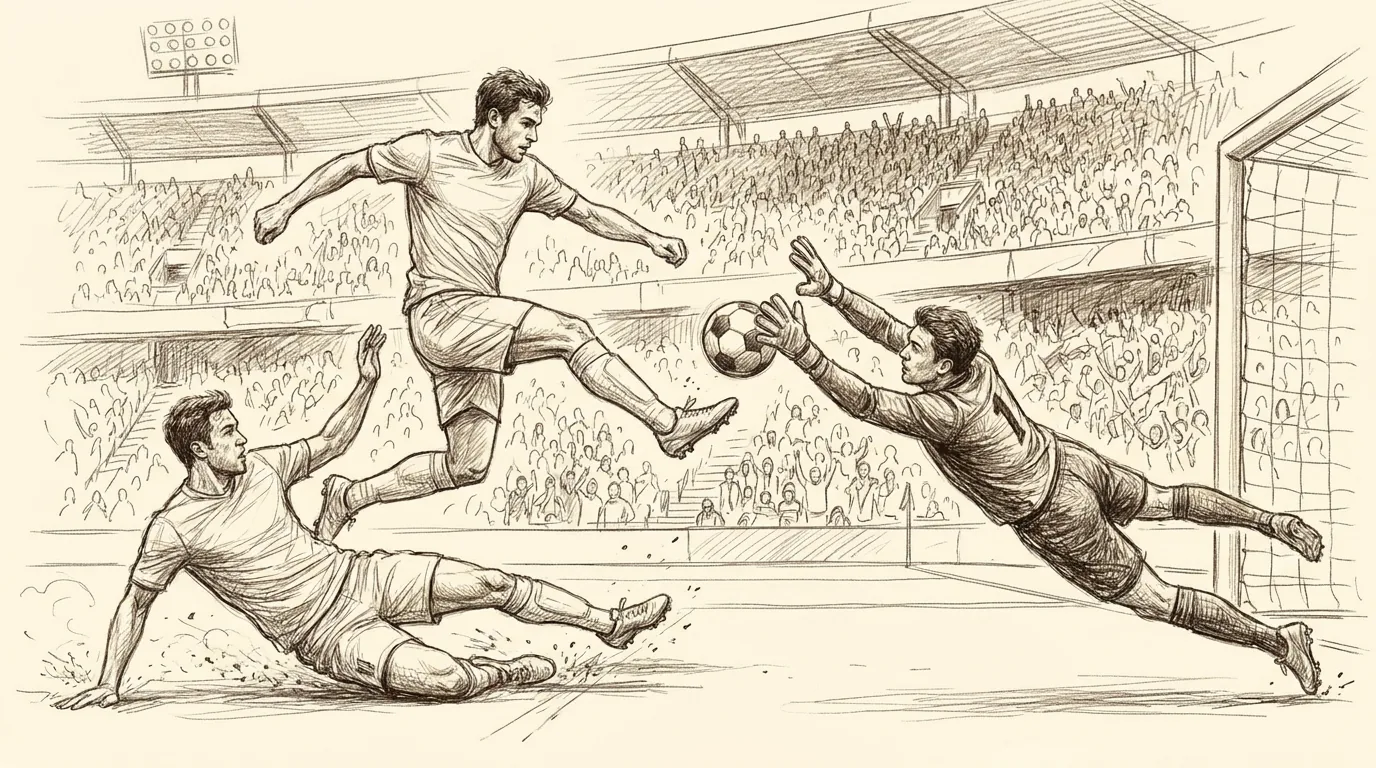 Ilustración a lápiz y tinta de un partido de fútbol: un delantero golpea el balón hacia la portería mientras el portero se lanza y un defensor intenta bloquear el disparo