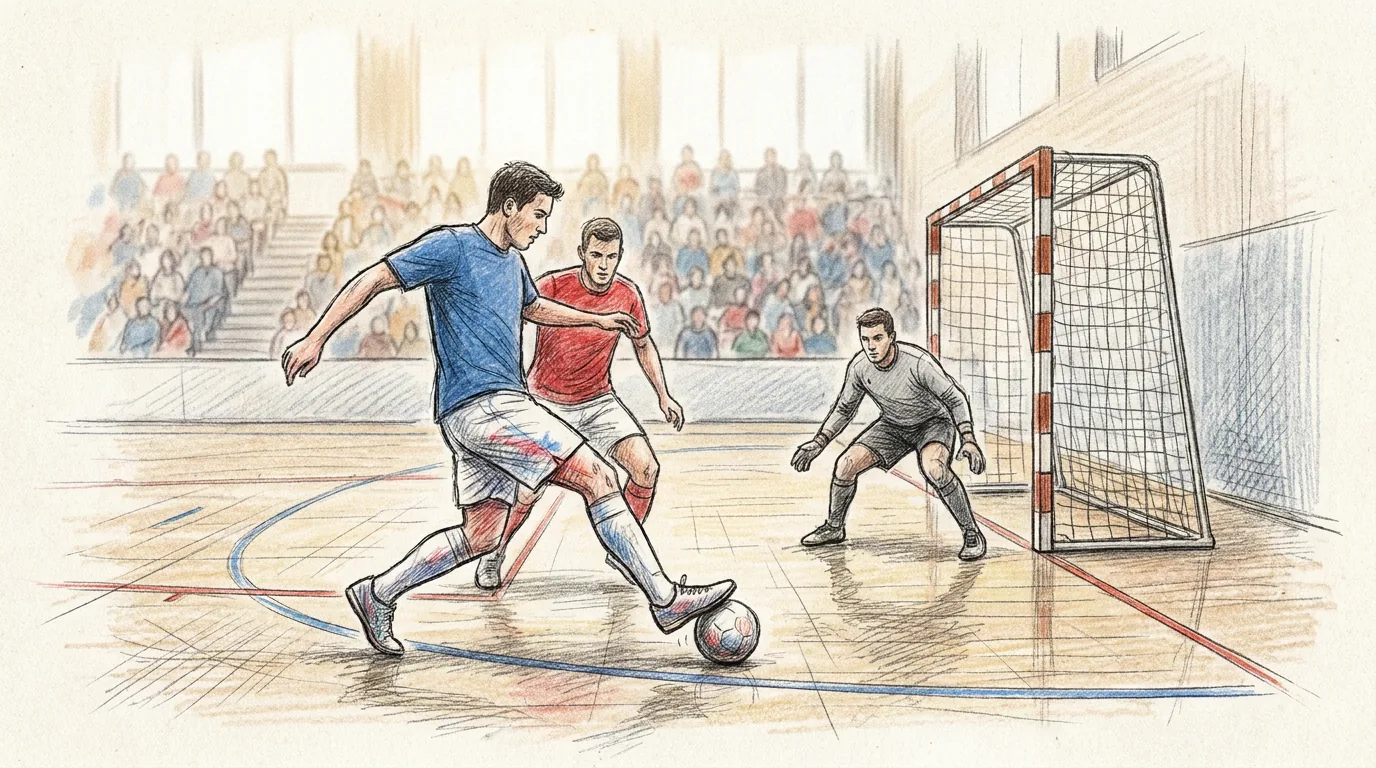 ¿cómo se juega el fútbol sala? reglas básicas - arbitrohp.com Ilustración a lápiz y tinta de un partido de fútbol sala en un pabellón: un jugador de camiseta azul conduce el balón pegado al pie mientras un rival de rojo lo presiona y el portero espera delante de la portería, con el público al fondo