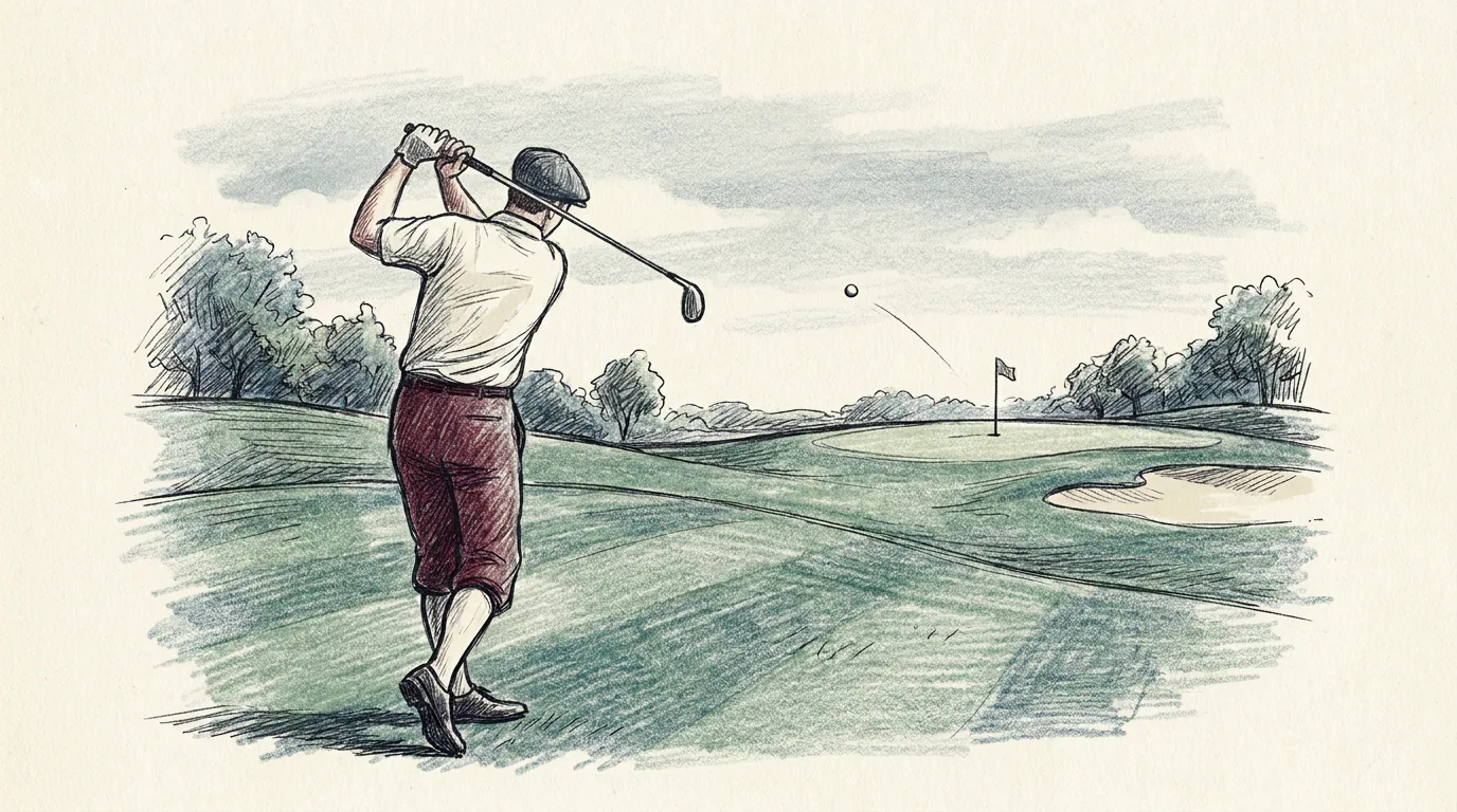Ilustración a lápiz y tinta de un golfista que termina un swing completo en la calle de un campo de golf mientras la bola vuela hacia un green lejano con una bandera, rodeado de árboles y un búnker de arena