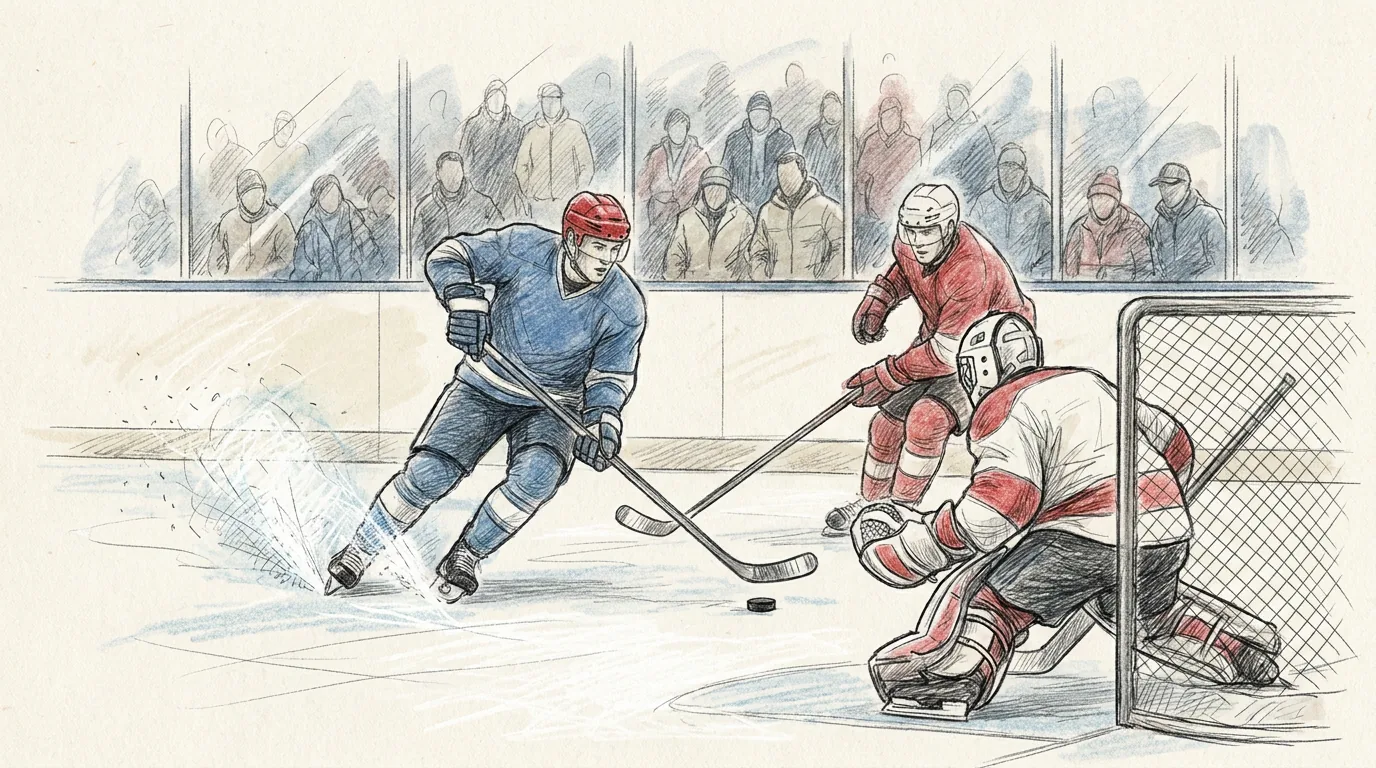 ¿cómo se juega el hockey sobre hielo? reglas básicas - arbitrohp.com Ilustración a lápiz y tinta de un partido de hockey sobre hielo en un estadio cubierto: un delantero patina con el disco pegado al stick hacia la portería mientras un defensor lo persigue y el portero espera agachado frente a la red, con el público detrás del cristal