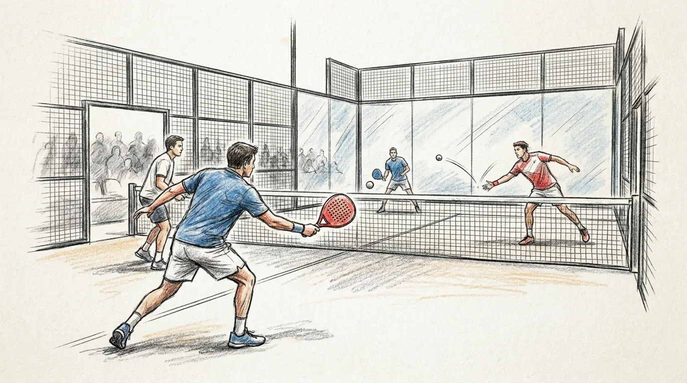Ilustración a lápiz y tinta de un partido de pádel de dobles en una pista con paredes de cristal: un jugador volea junto a la red mientras la pelota rebota en el cristal del fondo y el público observa detrás de la malla