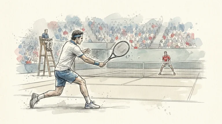 Ilustración a lápiz y tinta de un partido de tenis en pista dura: un jugador golpea una derecha en primer plano, su rival espera tras la línea de fondo al otro lado de la red y el juez de silla observa desde su silla junto a la red