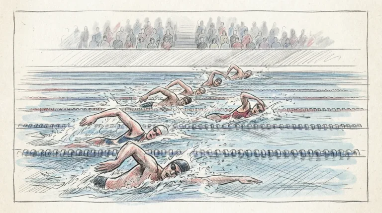 Ilustración a lápiz y tinta de varios nadadores que compiten a crol, cada uno en su calle de una piscina olímpica cubierta separada por corcheras, con salpicaduras de agua y el público al fondo en las gradas