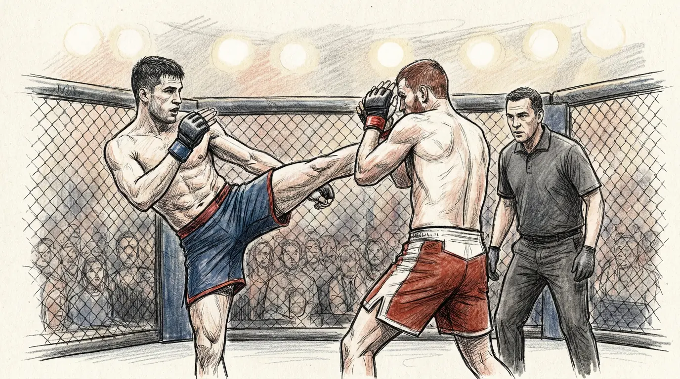 ¿cómo se juegan las mma? reglas básicas - arbitrohp.com Ilustración a lápiz y tinta de un combate de artes marciales mixtas dentro de un octágono: dos peleadores con guantes de dedos libres se enfrentan, uno lanza una patada, mientras el árbitro los vigila de cerca bajo las luces de la arena