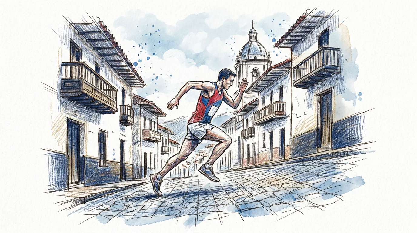 Ilustración a lápiz y tinta de un corredor que sube con pasos rápidos y los brazos activos una calle empedrada en cuesta de una ciudad colonial andina, entre casas blancas con balcones de madera y la cúpula de una iglesia al fondo