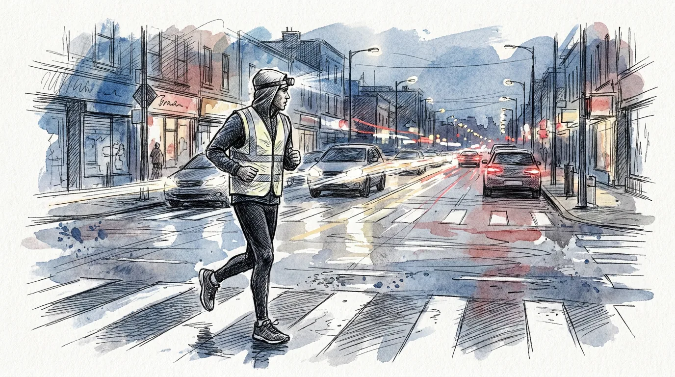 Ilustración a lápiz y tinta de un corredor con chaleco reflectante y linterna frontal que cruza por un paso de cebra al anochecer mientras mira a los coches que esperan con los faros encendidos, en una calle con tiendas