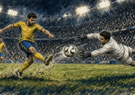 Soccer scene: a yellow-clad player kicks toward the goal as a white-clad goalkeeper leaps to save, under bright stadium lights.