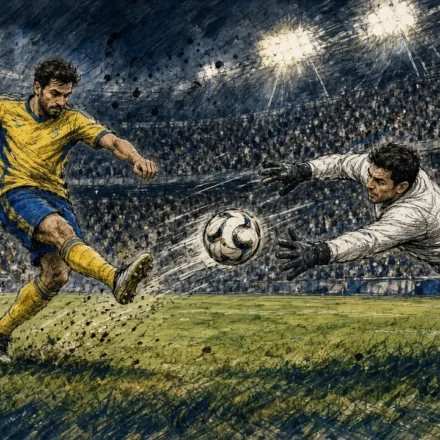 Soccer scene: a yellow-clad player kicks toward the goal as a white-clad goalkeeper leaps to save, under bright stadium lights.