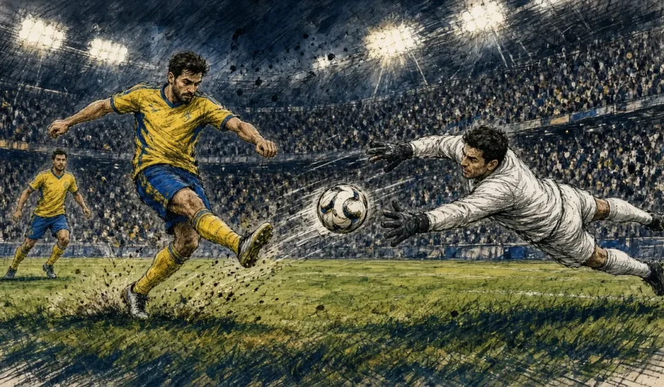 Soccer scene: a yellow-clad player kicks toward the goal as a white-clad goalkeeper leaps to save, under bright stadium lights.
