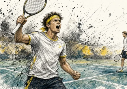 Ilustración editorial: Alejandro Davidovich Fokina celebra un punto clave ante Hurkacz en Shanghái
