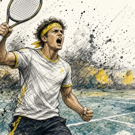 Ilustración editorial: Alejandro Davidovich Fokina celebra un punto clave ante Hurkacz en Shanghái