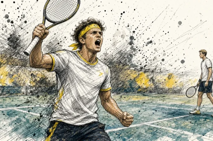 Ilustración editorial: Alejandro Davidovich Fokina celebra un punto clave ante Hurkacz en Shanghái