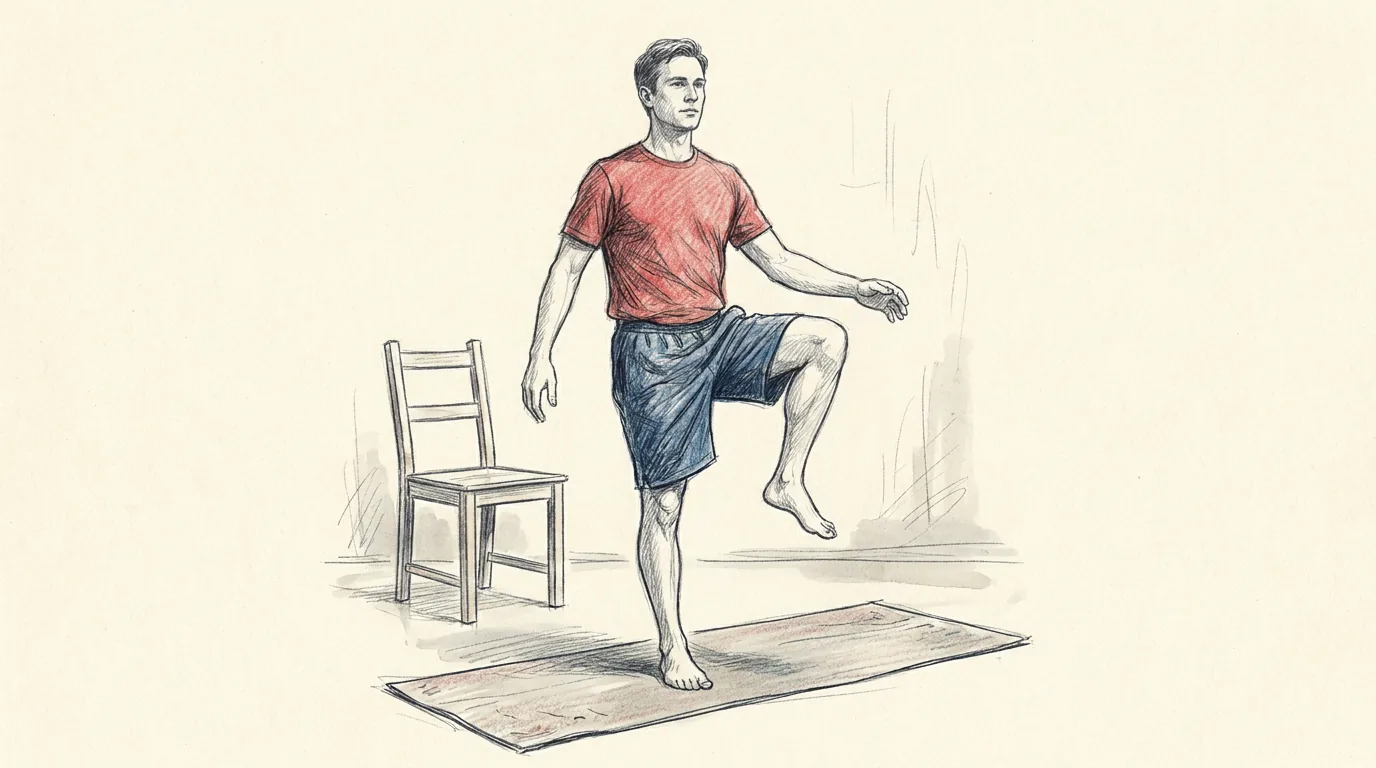 Ilustración a lápiz y tinta de un hombre descalzo sobre una esterilla que se mantiene de pie sobre una pierna, con la rodilla de apoyo un poco flexionada, la otra rodilla a la altura de la cadera y los brazos algo abiertos, junto a una silla para apoyarse