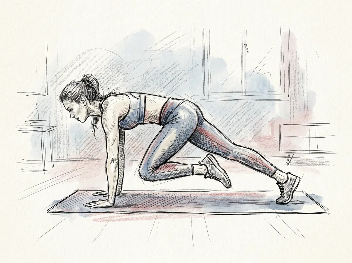 Ilustración a lápiz y tinta de una mujer en plancha alta sobre una esterilla, con las manos bajo los hombros, que lleva una rodilla hacia el pecho mientras la otra pierna queda estirada atrás