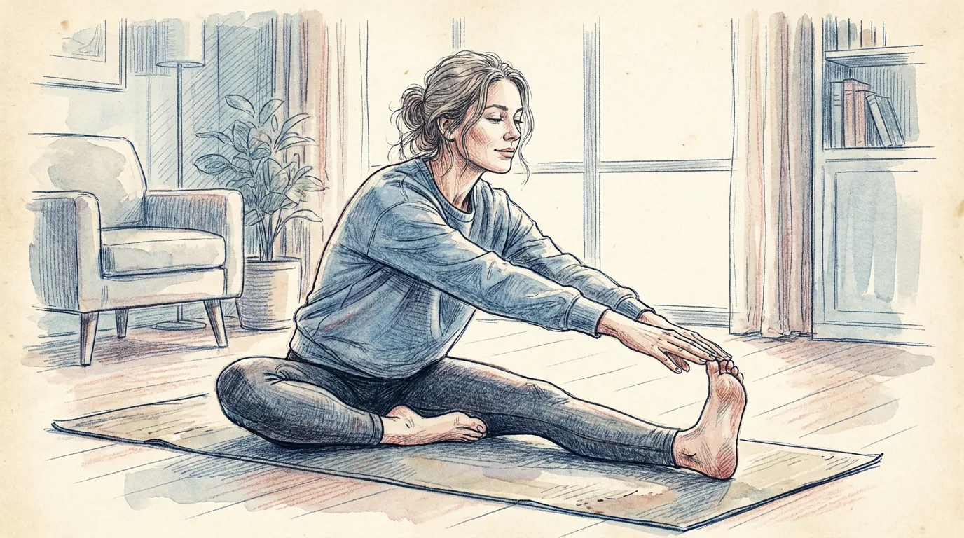 Ilustración a lápiz y tinta de una mujer sentada en una esterilla que hace un estiramiento suave de isquiotibiales, con una pierna estirada y la otra doblada, llevando las manos hacia el pie con la espalda recta y la cara relajada