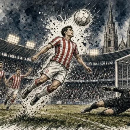 Ilustración editorial: Fabricio Pérez marca de cabeza en el Estudiantes 3-0 Gimnasia de Mendoza