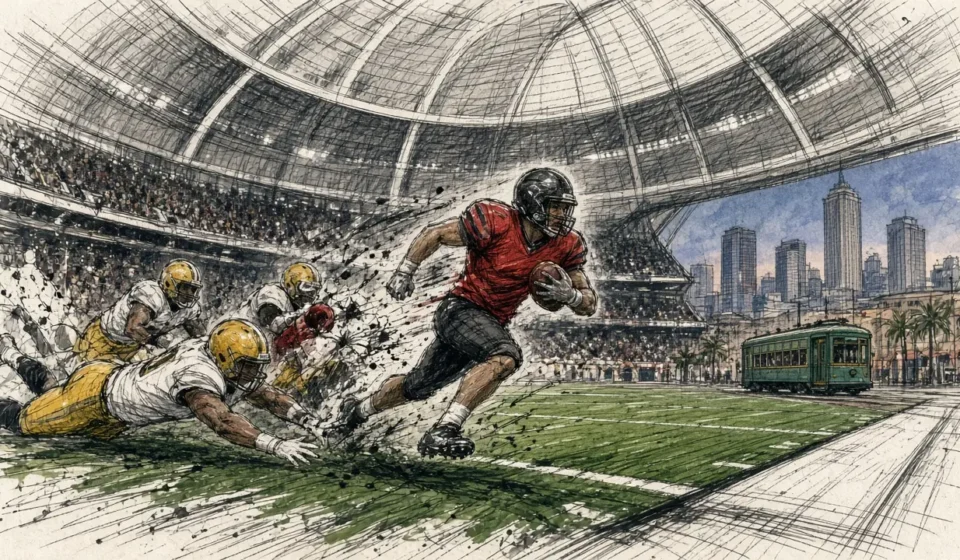 Ilustración editorial: Bijan Robinson rompe la defensa de los Saints en el Superdome