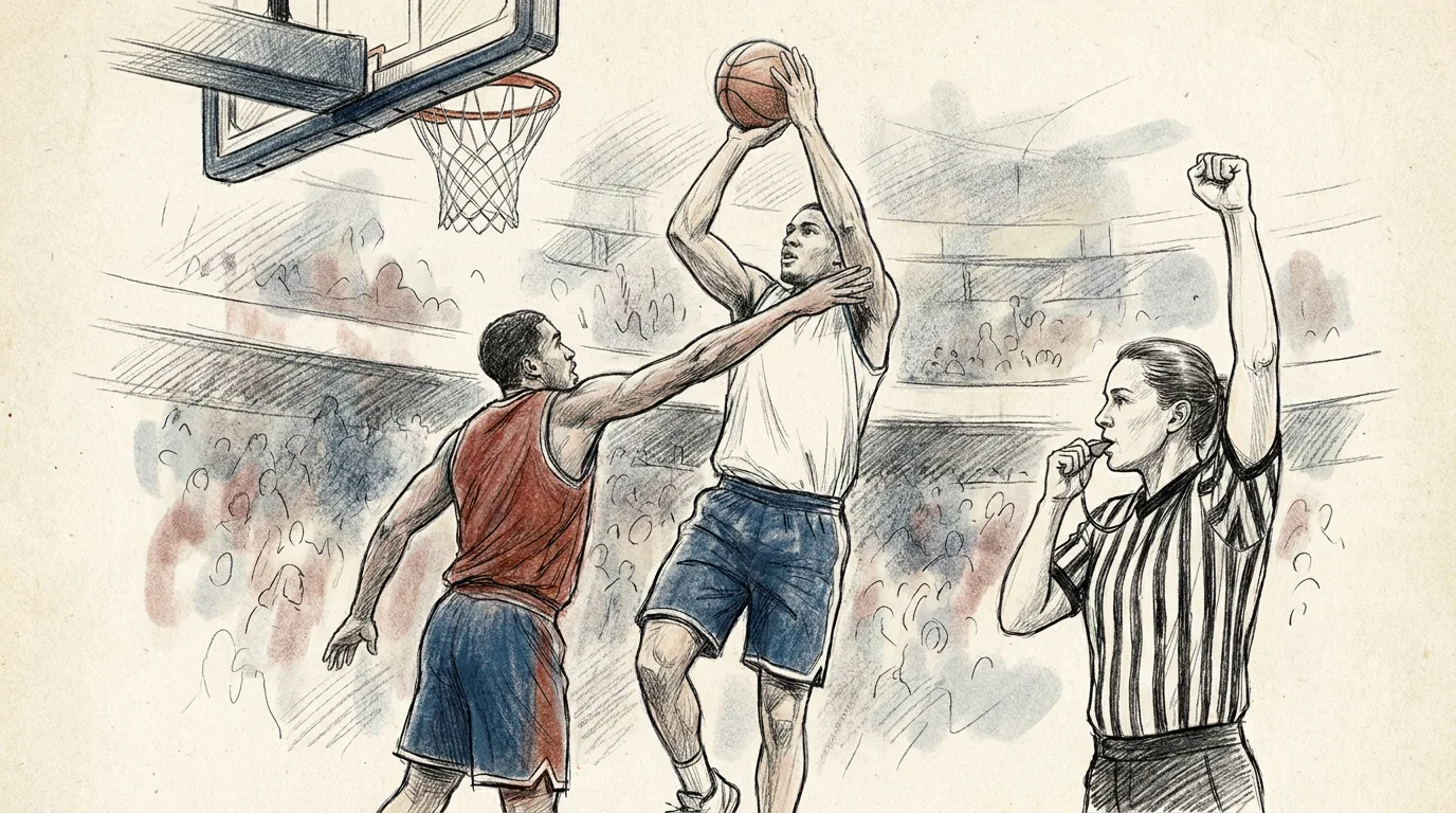 Ilustración a lápiz y tinta de una falta en baloncesto: un defensor golpea el brazo de un jugador que salta para lanzar a canasta y una árbitra con camiseta de rayas toca el silbato con el puño cerrado en alto