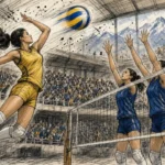 Female volleyball player in yellow spikes the ball over the net as two blue-team blockers reach up to stop it, in a crowded indoor stadium with mountains in the background.