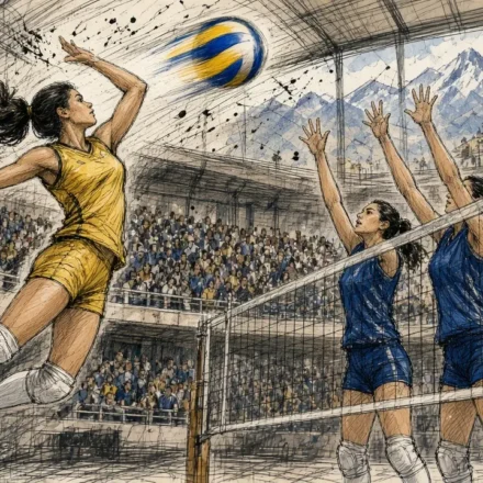 Female volleyball player in yellow spikes the ball over the net as two blue-team blockers reach up to stop it, in a crowded indoor stadium with mountains in the background.