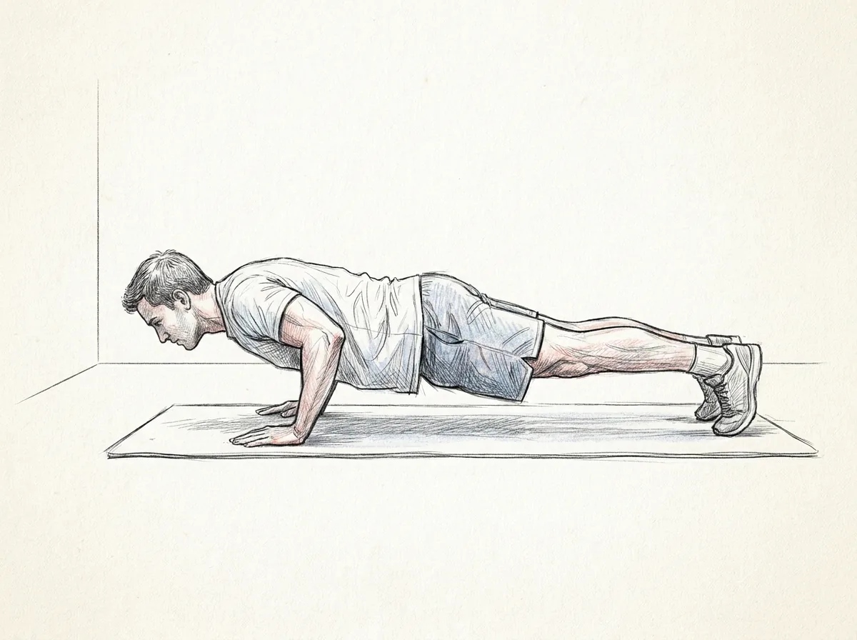 Ilustración a lápiz y tinta de un hombre de perfil que hace una flexión sobre una esterilla, con las manos bajo los hombros, el cuerpo recto de la cabeza a los talones y el pecho cerca del suelo