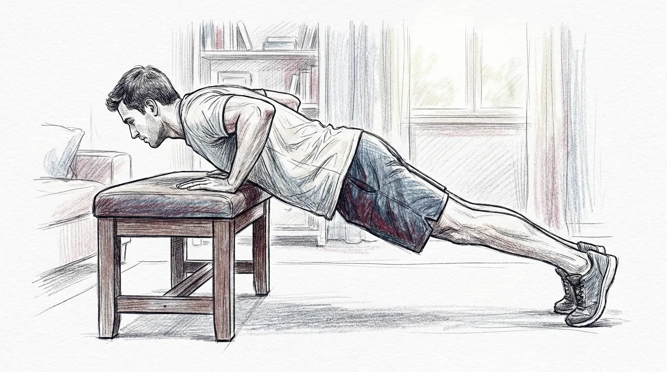 Ilustración a lápiz y tinta de un hombre de perfil que hace una flexión con las manos en el borde de un banco firme, con el cuerpo en línea recta de la cabeza a los talones y el pecho cerca del banco