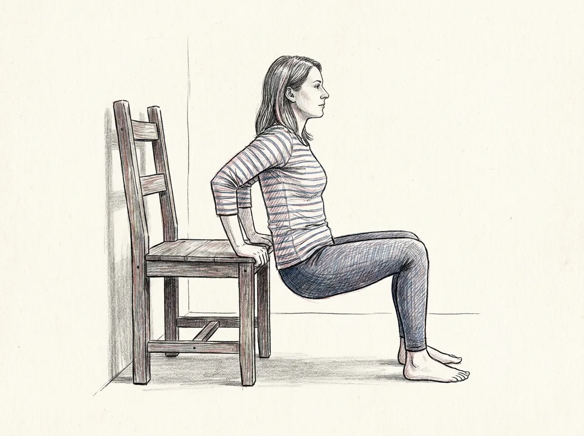 Ilustración a lápiz y tinta de una mujer que hace fondos de tríceps con las manos apoyadas en el borde de una silla de madera colocada contra la pared, las rodillas dobladas y los pies apoyados en el suelo