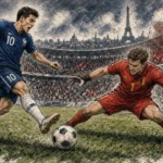 France attacker in blue (number 10) shoots toward goal as Belgium keeper dives to block, Eiffel Tower backdrop in a packed stadium.