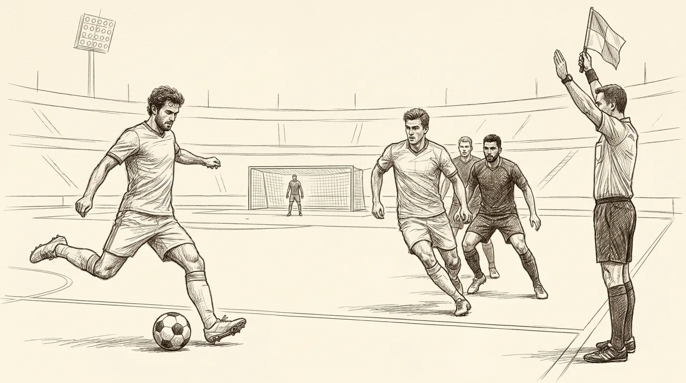 Ilustración a lápiz y tinta de una jugada de fuera de juego: un centrocampista pasa el balón a un delantero que está más cerca de la portería rival que el penúltimo defensor, mientras el árbitro asistente levanta la bandera