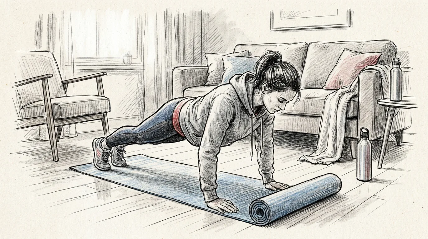Ilustración a lápiz y tinta de una mujer que hace una flexión sobre una esterilla en la sala de su casa, con un sofá, una silla, una toalla y una botella de agua cerca y sin aparatos de gimnasio