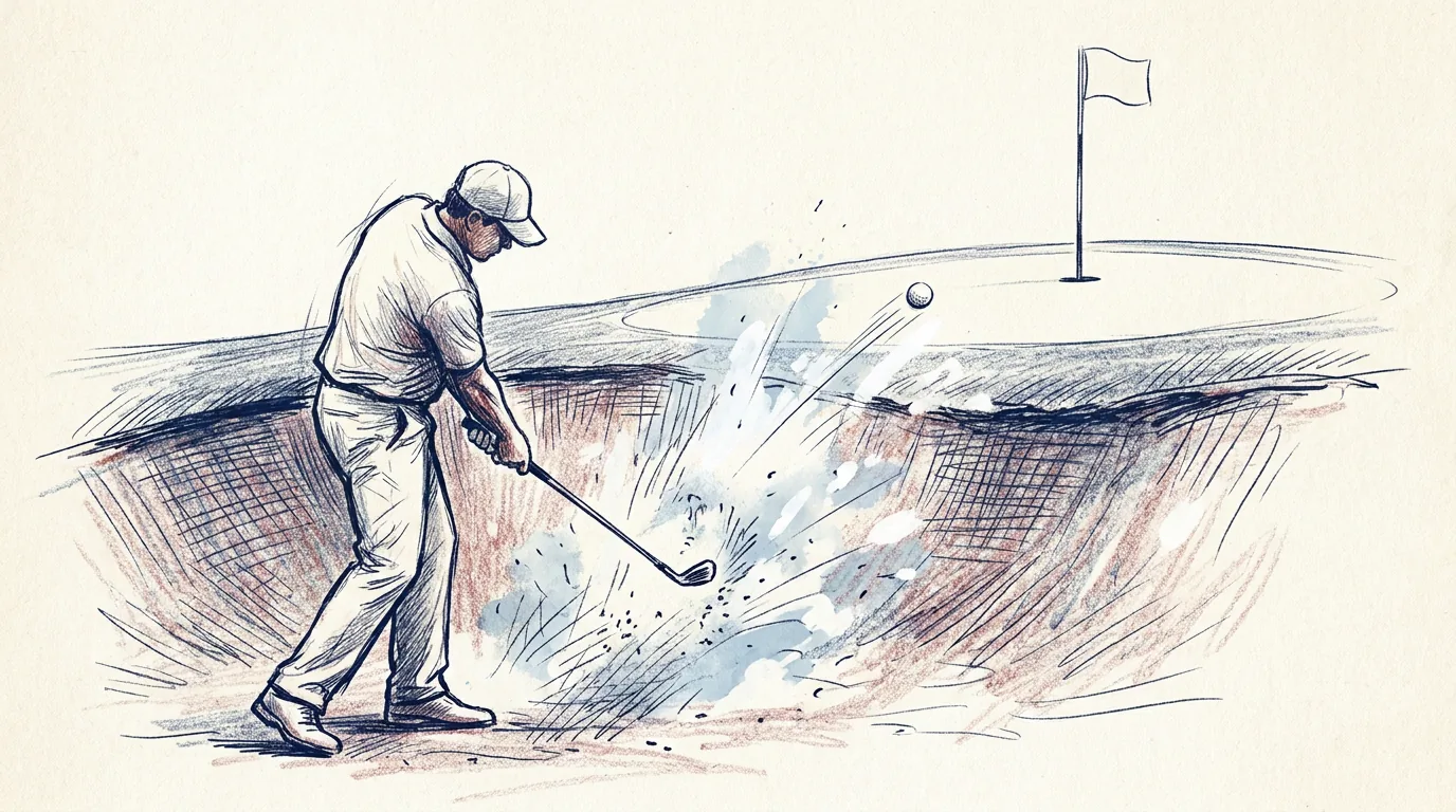 Ilustración a lápiz y tinta de un golfista dentro de un búnker que golpea la bola con un wedge y levanta una nube de arena hacia el green, con la bandera asomando por encima del borde