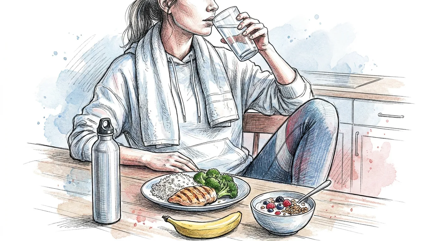 Ilustración a lápiz y tinta de una mujer con ropa deportiva sentada a la mesa de la cocina después de entrenar, bebiendo un vaso de agua, con una botella, un plato de arroz con pollo y verduras, un plátano y un bol de yogur con fruta delante