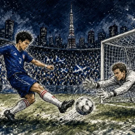 Ilustración editorial: Doan marca el 2-1 de Japón ante Nueva Zelanda en la final de la Copa Kirin