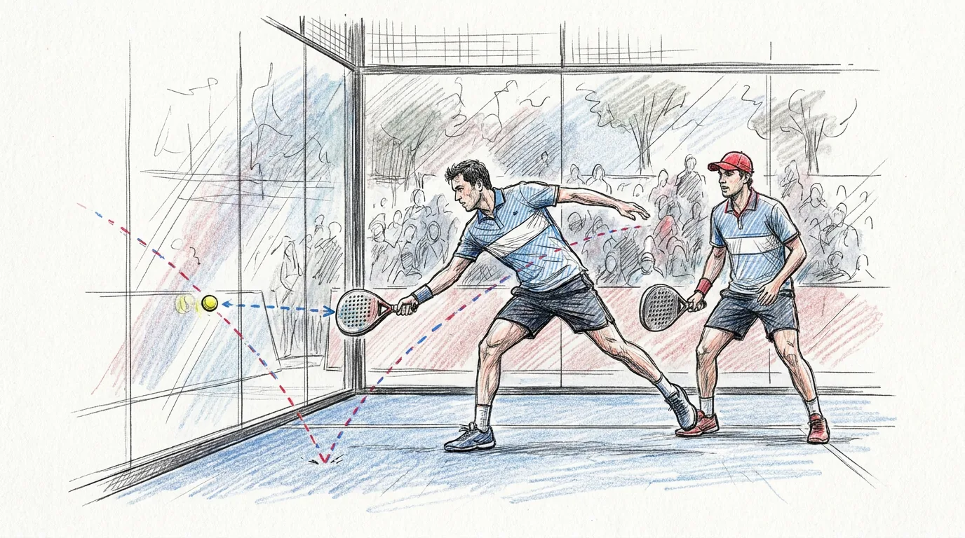 Ilustración a lápiz y tinta de un jugador de pádel junto al cristal del fondo que se gira para devolver una pelota que ha botado en el suelo y rebotado en la pared, con líneas punteadas que marcan su recorrido y su compañero esperando al lado