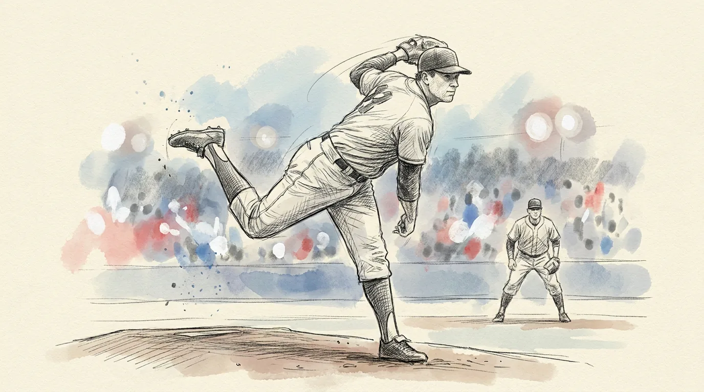 Ilustración a lápiz y tinta de un lanzador de béisbol de perfil sobre el montículo en pleno lanzamiento, con la pierna delantera adelantada, el brazo de lanzar por encima del hombro y la mascota recogida, con el público del estadio al fondo