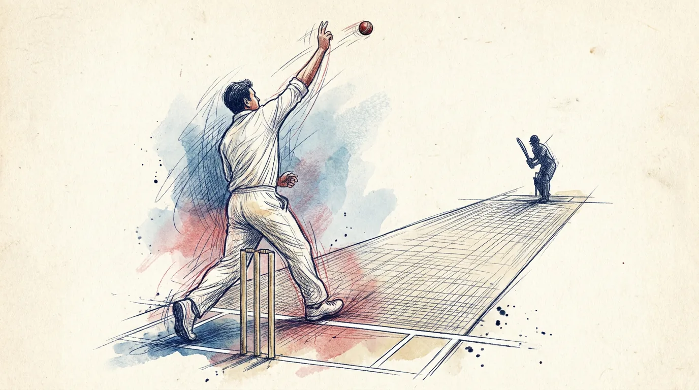 Ilustración a lápiz y tinta de un lanzador de críquet vestido de blanco que, junto al wicket, suelta la bola roja con el brazo recto por encima de la cabeza, y al fondo del largo pitch espera el bateador