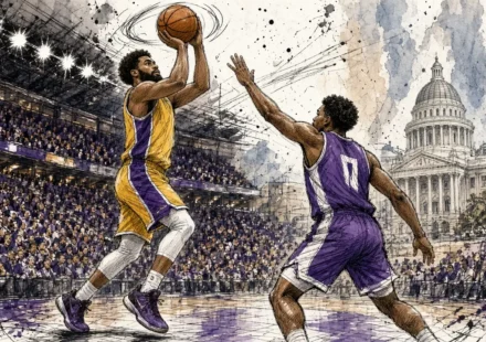 Basketball player in yellow shoots the ball while a purple-jersey defender reaches to block, with a crowded arena and a domed capitol building in the background.