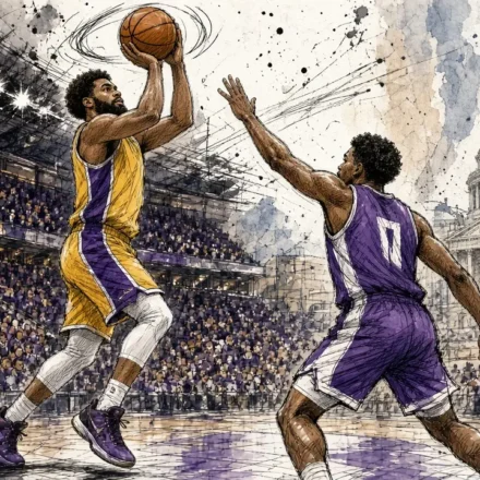 Basketball player in yellow shoots the ball while a purple-jersey defender reaches to block, with a crowded arena and a domed capitol building in the background.