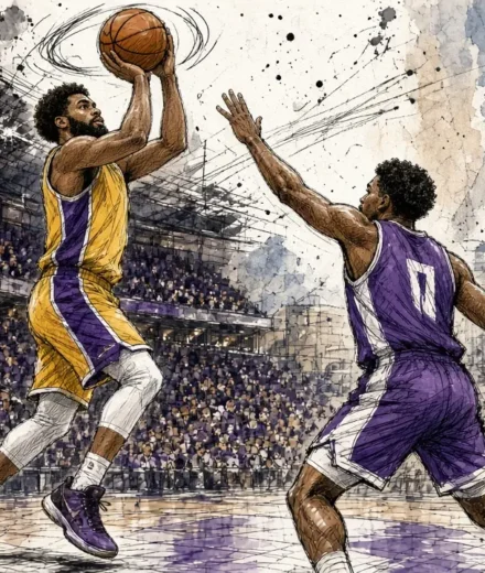 Basketball player in yellow shoots the ball while a purple-jersey defender reaches to block, with a crowded arena and a domed capitol building in the background.