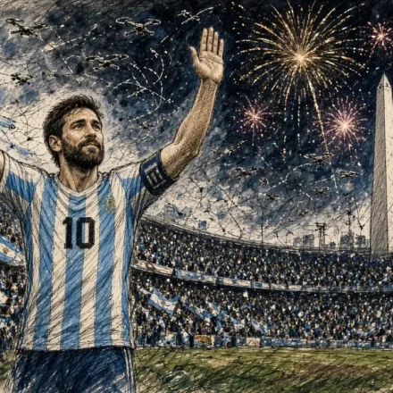 Ilustración editorial: la despedida de Messi en el Monumental con fuegos artificiales y drones