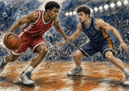 Ilustración editorial: Jean Montero penetra a canasta con la camiseta del Olympiacos ante Valencia