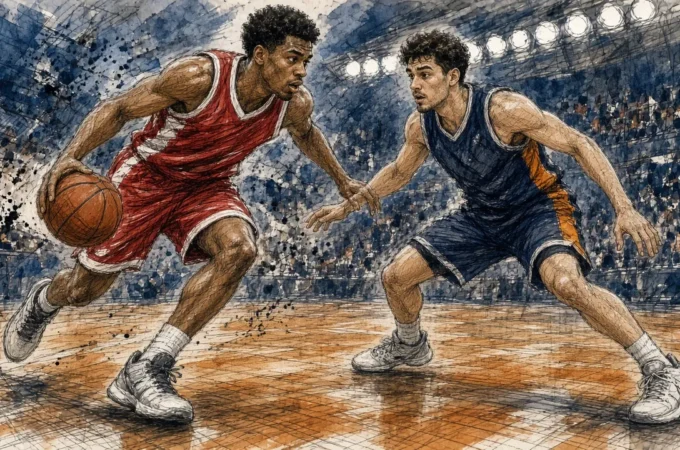 Ilustración editorial: Jean Montero penetra a canasta con la camiseta del Olympiacos ante Valencia
