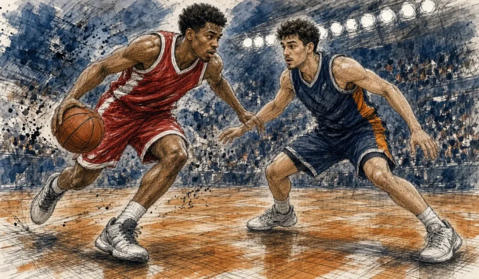 Ilustración editorial: Jean Montero penetra a canasta con la camiseta del Olympiacos ante Valencia