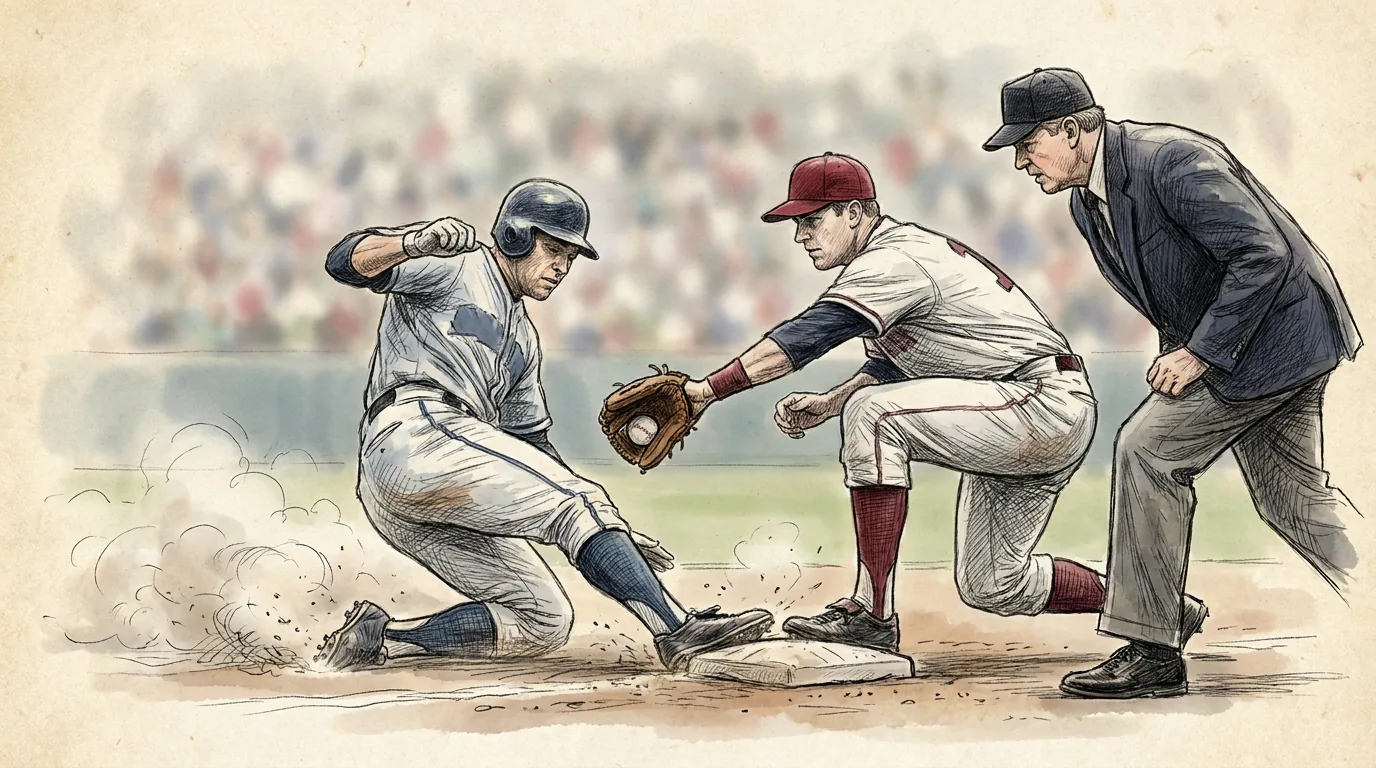 Ilustración a lápiz y tinta de un corredor de béisbol que se desliza hacia la base levantando polvo mientras un defensor baja la mascota para tocarlo y un árbitro de base se inclina para ver la jugada de cerca