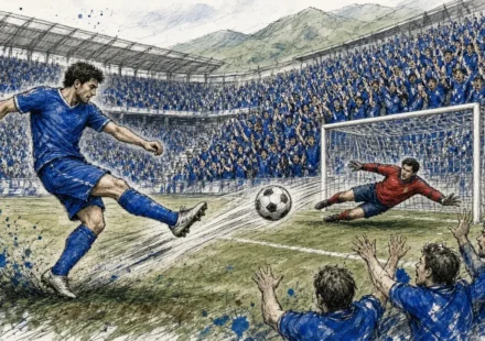 Ilustración editorial: Carlos Domínguez dispara desde fuera del área en el Real Oviedo 3-1 Eibar
