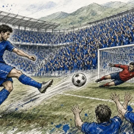 Ilustración editorial: Carlos Domínguez dispara desde fuera del área en el Real Oviedo 3-1 Eibar