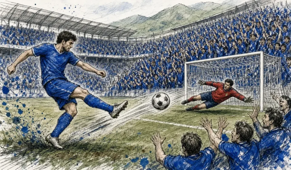 Ilustración editorial: Carlos Domínguez dispara desde fuera del área en el Real Oviedo 3-1 Eibar
