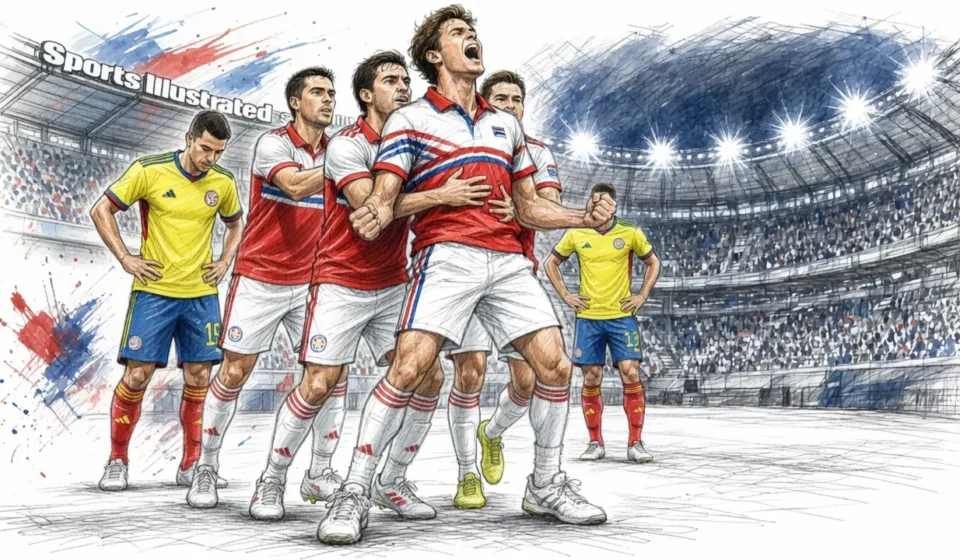 Illustration of a soccer team in red and white celebrating a goal in a packed stadium.