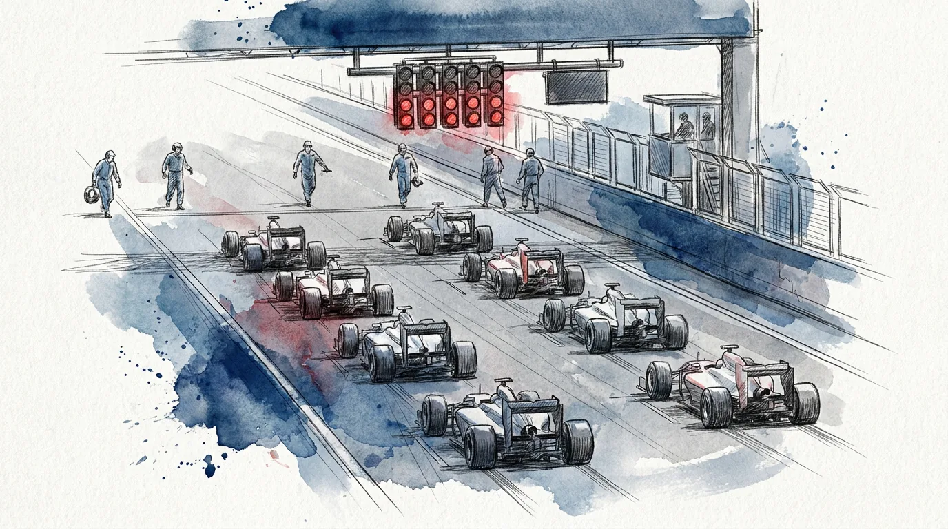 Ilustración a lápiz y tinta de la parrilla de salida de un Gran Premio de Fórmula 1 vista desde arriba: los monoplazas formados de dos en dos y escalonados sobre el asfalto, el pórtico del semáforo con las luces rojas encendidas y los mecánicos que abandonan la pista